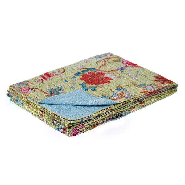 HomeRoots 50" Kantha Throw Blanket – Vibrant Green & Red Floral Cotton Quilt for Cozy Comfort & Style 544518