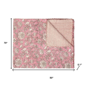 HomeRoots 50" Handcrafted Pink and Blush Floral Kantha Throw Blanket – Lightweight, Cozy, Unique Embroidery Cotton - 50"x70" 544519