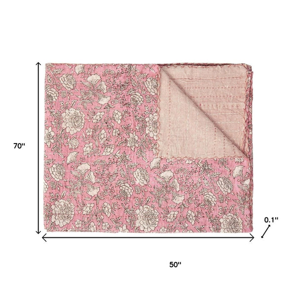 HomeRoots 50" Handcrafted Pink and Blush Floral Kantha Throw Blanket – Lightweight, Cozy, Unique Embroidery Cotton - 50"x70" 544519