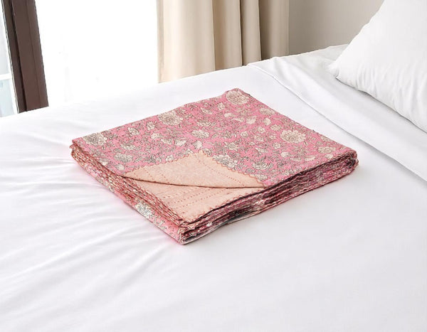 HomeRoots 50" Handcrafted Pink and Blush Floral Kantha Throw Blanket – Lightweight, Cozy, Unique Embroidery Cotton - 50"x70" 544519