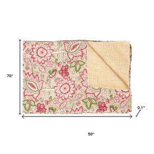 HomeRoots 50" Handcrafted Pink and Blush Floral Kantha Throw Blanket – Lightweight, Cozy, Unique Embroidery Cotton - 50"x70" 544520
