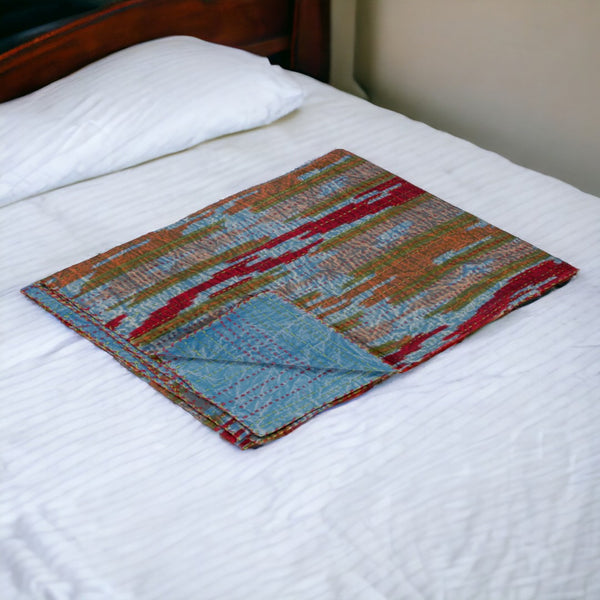 HomeRoots 50" Vibrant Blue, Red & Orange Cotton Quilted Throw Blanket – Handmade Abstract Design for Cozy Living 544521