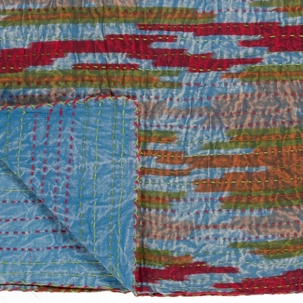 HomeRoots 50" Vibrant Blue, Red & Orange Cotton Quilted Throw Blanket – Handmade Abstract Design for Cozy Living 544521