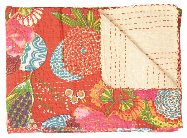 HomeRoots 50" Hand-Stitched Kantha Throw Blanket with Vibrant Floral Embroidery for Cozy Living Spaces Cotton - 50"x70" 544522