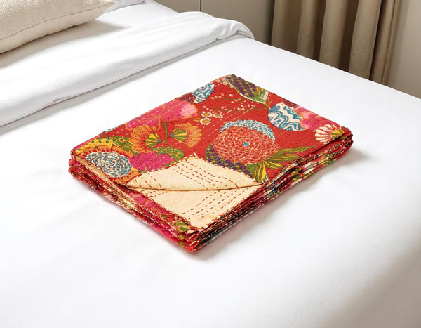 HomeRoots 50" Hand-Stitched Kantha Throw Blanket with Vibrant Floral Embroidery for Cozy Living Spaces Cotton - 50"x70" 544522