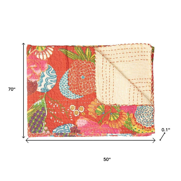 HomeRoots 50" Hand-Stitched Kantha Throw Blanket with Vibrant Floral Embroidery for Cozy Living Spaces Cotton - 50"x70" 544522