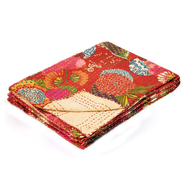 HomeRoots 50" Hand-Stitched Kantha Throw Blanket with Vibrant Floral Embroidery for Cozy Living Spaces Cotton - 50"x70" 544522