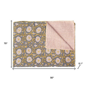 HomeRoots 50" Gray and Yellow Floral Kantha Throw Blanket – Handcrafted Embroidery for Cozy Home Decor Cotton - 50"x70" 544523