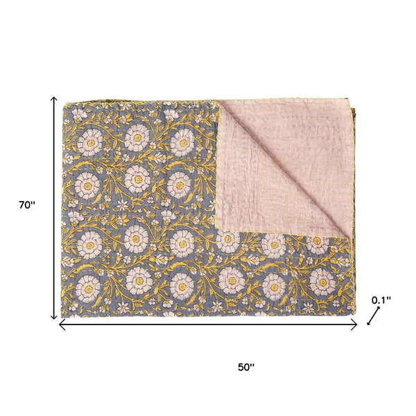 HomeRoots 50" Gray and Yellow Floral Kantha Throw Blanket – Handcrafted Embroidery for Cozy Home Decor Cotton - 50"x70" 544523
