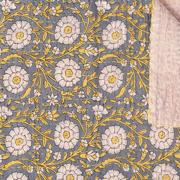 HomeRoots 50" Gray and Yellow Floral Kantha Throw Blanket – Handcrafted Embroidery for Cozy Home Decor Cotton - 50"x70" 544523