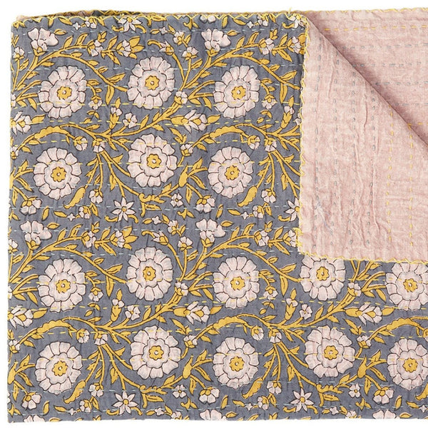 HomeRoots 50" Gray and Yellow Floral Kantha Throw Blanket – Handcrafted Embroidery for Cozy Home Decor Cotton - 50"x70" 544523