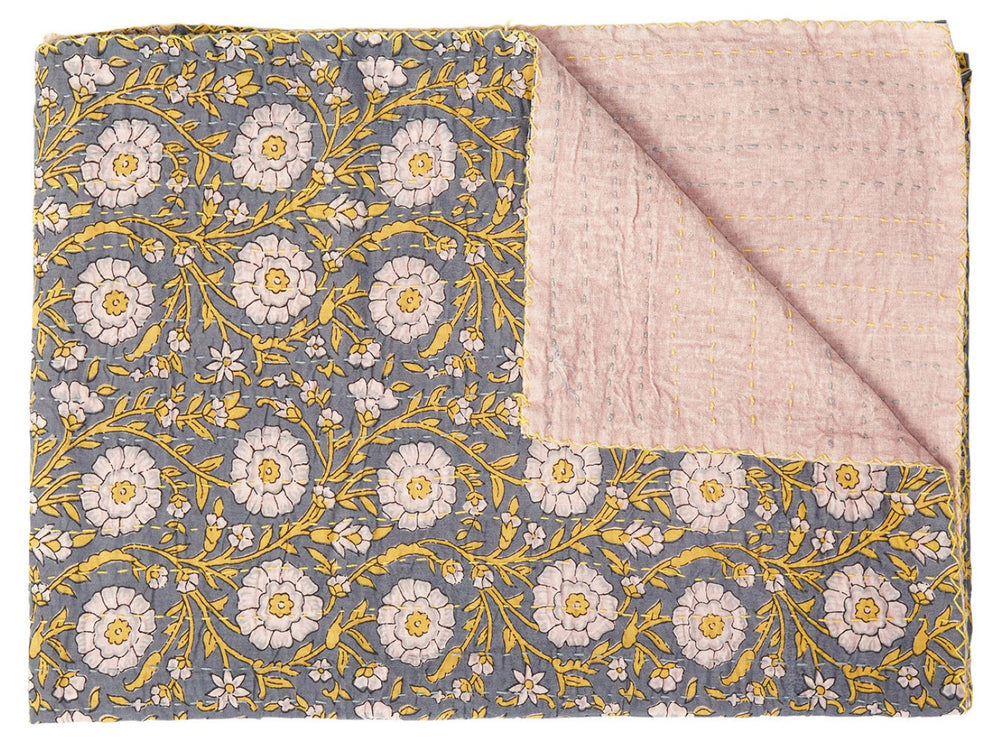 HomeRoots 50" Gray and Yellow Floral Kantha Throw Blanket – Handcrafted Embroidery for Cozy Home Decor Cotton - 50"x70" 544523