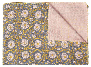HomeRoots 50" Gray and Yellow Floral Kantha Throw Blanket – Handcrafted Embroidery for Cozy Home Decor Cotton - 50"x70" 544523