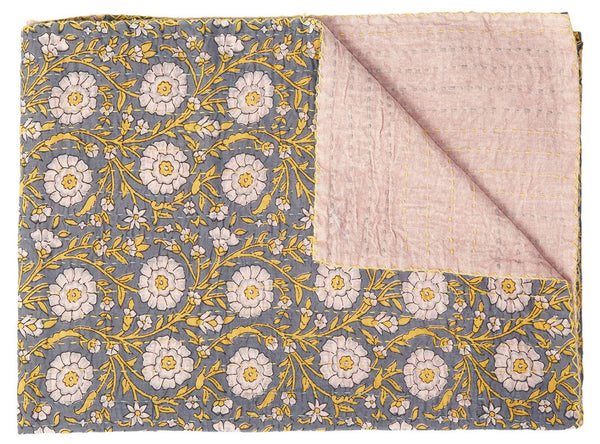HomeRoots 50" Gray and Yellow Floral Kantha Throw Blanket – Handcrafted Embroidery for Cozy Home Decor Cotton - 50"x70" 544523