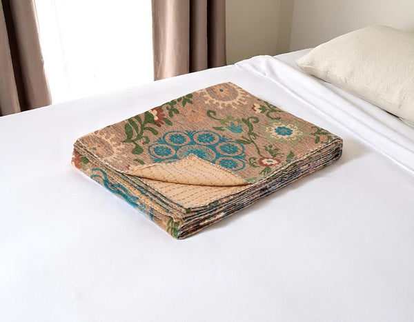 HomeRoots 50" Hand-Stitched Kantha Throw Blanket with Vibrant Floral Embroidery for Cozy Living Spaces Cotton - 50"x70" 544524