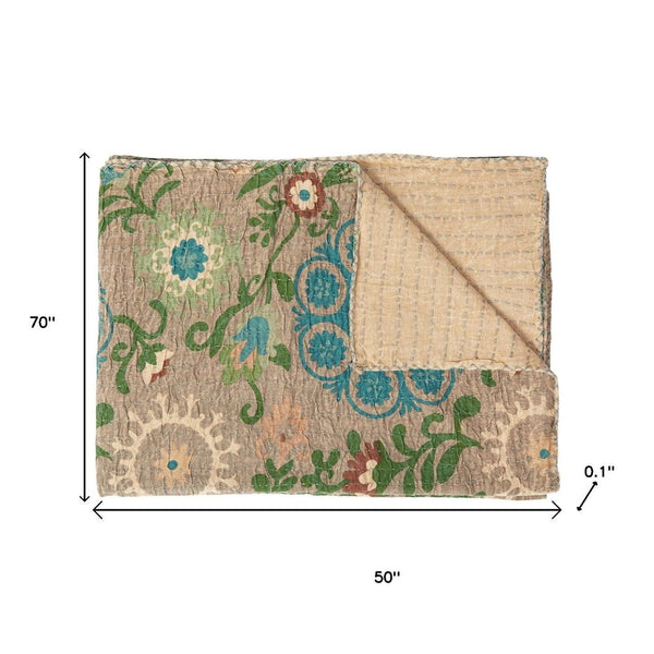 HomeRoots 50" Hand-Stitched Kantha Throw Blanket with Vibrant Floral Embroidery for Cozy Living Spaces Cotton - 50"x70" 544524