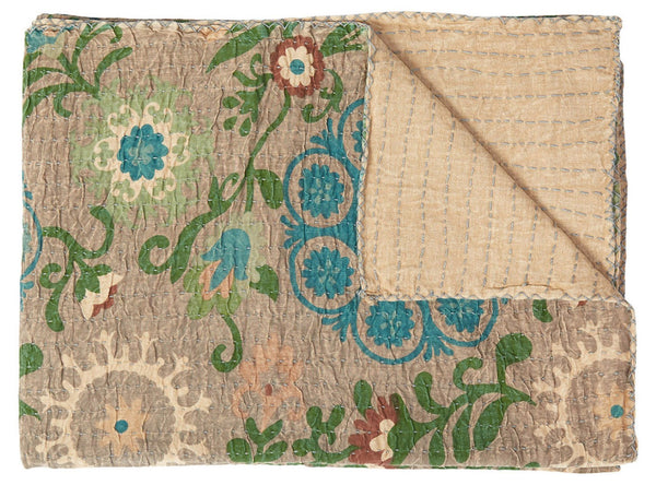 HomeRoots 50" Hand-Stitched Kantha Throw Blanket with Vibrant Floral Embroidery for Cozy Living Spaces Cotton - 50"x70" 544524