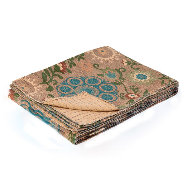 HomeRoots 50" Hand-Stitched Kantha Throw Blanket with Vibrant Floral Embroidery for Cozy Living Spaces Cotton - 50"x70" 544524