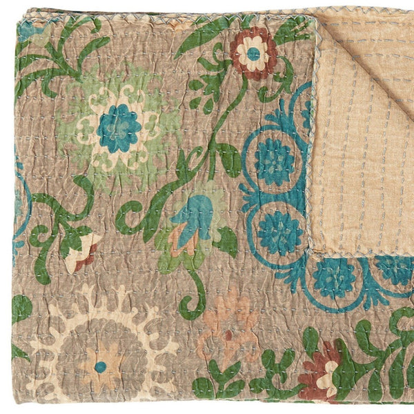 HomeRoots 50" Hand-Stitched Kantha Throw Blanket with Vibrant Floral Embroidery for Cozy Living Spaces Cotton - 50"x70" 544524