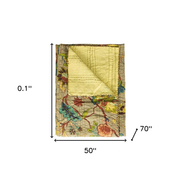 HomeRoots 50" Hand-Stitched Quilted Floral Throw Blanket - Cozy Cotton Design in Vibrant Yellow, Green & Red 544525