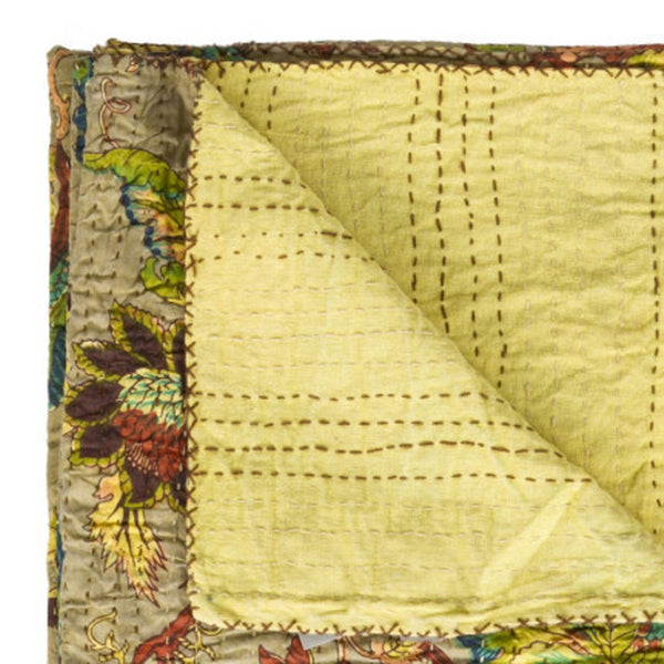 HomeRoots 50" Hand-Stitched Quilted Floral Throw Blanket - Cozy Cotton Design in Vibrant Yellow, Green & Red 544525