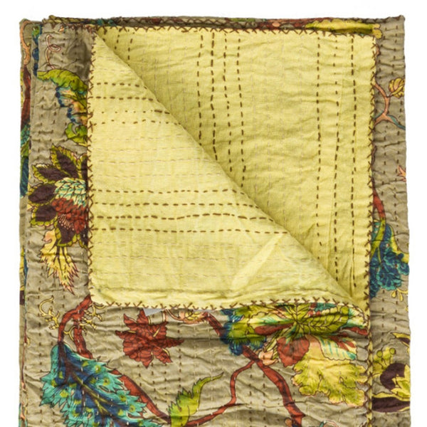 HomeRoots 50" Hand-Stitched Quilted Floral Throw Blanket - Cozy Cotton Design in Vibrant Yellow, Green & Red 544525