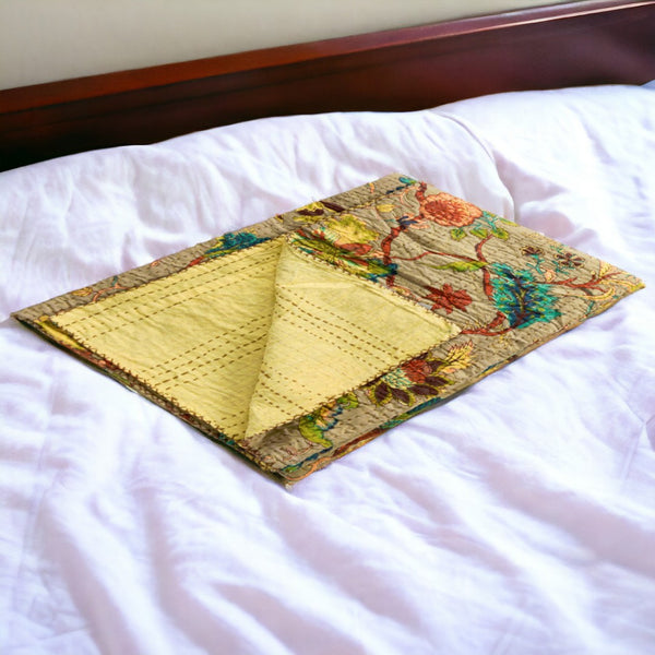HomeRoots 50" Hand-Stitched Quilted Floral Throw Blanket - Cozy Cotton Design in Vibrant Yellow, Green & Red 544525