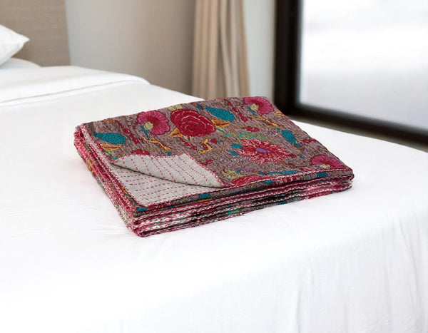 HomeRoots 50" Gray and Yellow Floral Kantha Throw Blanket – Handcrafted Embroidery for Cozy Home Decor Cotton - 50"x70" 544526