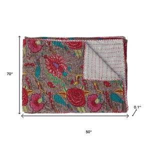 HomeRoots 50" Gray and Yellow Floral Kantha Throw Blanket – Handcrafted Embroidery for Cozy Home Decor Cotton - 50"x70" 544526