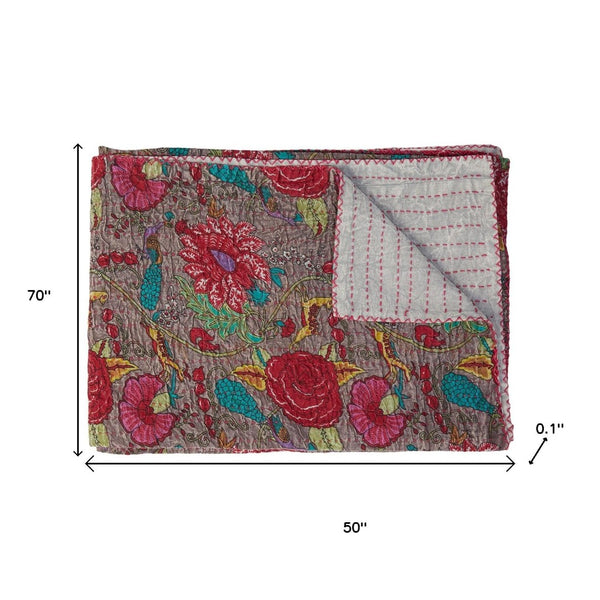 HomeRoots 50" Gray and Yellow Floral Kantha Throw Blanket – Handcrafted Embroidery for Cozy Home Decor Cotton - 50"x70" 544526