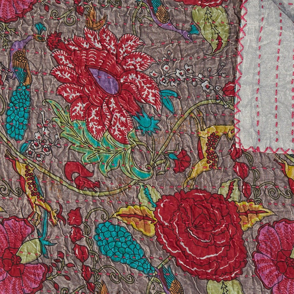 HomeRoots 50" Gray and Yellow Floral Kantha Throw Blanket – Handcrafted Embroidery for Cozy Home Decor Cotton - 50"x70" 544526
