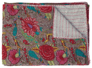 HomeRoots 50" Gray and Yellow Floral Kantha Throw Blanket – Handcrafted Embroidery for Cozy Home Decor Cotton - 50"x70" 544526