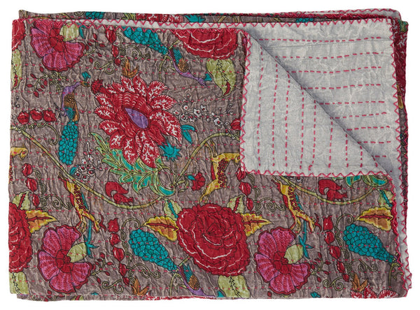 HomeRoots 50" Gray and Yellow Floral Kantha Throw Blanket – Handcrafted Embroidery for Cozy Home Decor Cotton - 50"x70" 544526