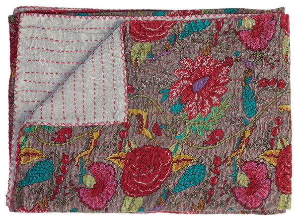 HomeRoots 50" Gray and Yellow Floral Kantha Throw Blanket – Handcrafted Embroidery for Cozy Home Decor Cotton - 50"x70" 544526