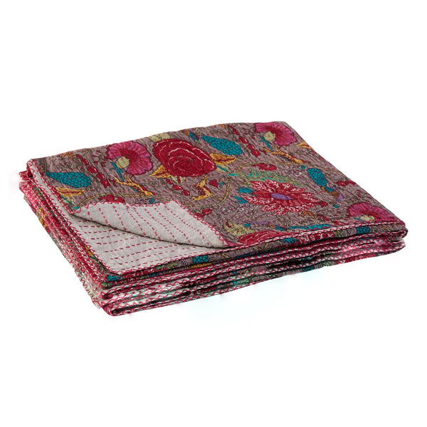 HomeRoots 50" Gray and Yellow Floral Kantha Throw Blanket – Handcrafted Embroidery for Cozy Home Decor Cotton - 50"x70" 544526