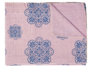 HomeRoots 50" Handcrafted Floral Kantha Throw Blanket - Blue & Pink Embroidery for Cozy Living Spaces Cotton - 50"x70" 544528