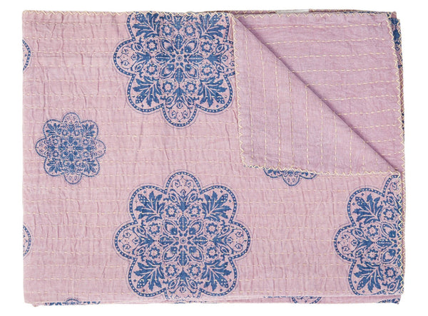 HomeRoots 50" Handcrafted Floral Kantha Throw Blanket - Blue & Pink Embroidery for Cozy Living Spaces Cotton - 50"x70" 544528
