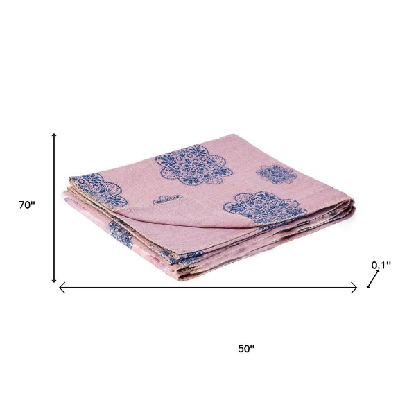 HomeRoots 50" Handcrafted Floral Kantha Throw Blanket - Blue & Pink Embroidery for Cozy Living Spaces Cotton - 50"x70" 544528