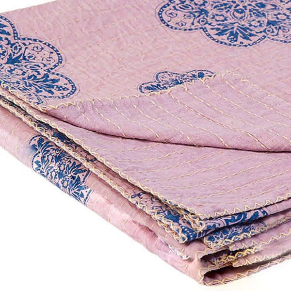 HomeRoots 50" Handcrafted Floral Kantha Throw Blanket - Blue & Pink Embroidery for Cozy Living Spaces Cotton - 50"x70" 544528