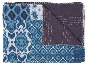 HomeRoots 50" Handcrafted Floral Kantha Throw Blanket - Blue & Pink Embroidery for Cozy Living Spaces Cotton - 50"x70" 544529