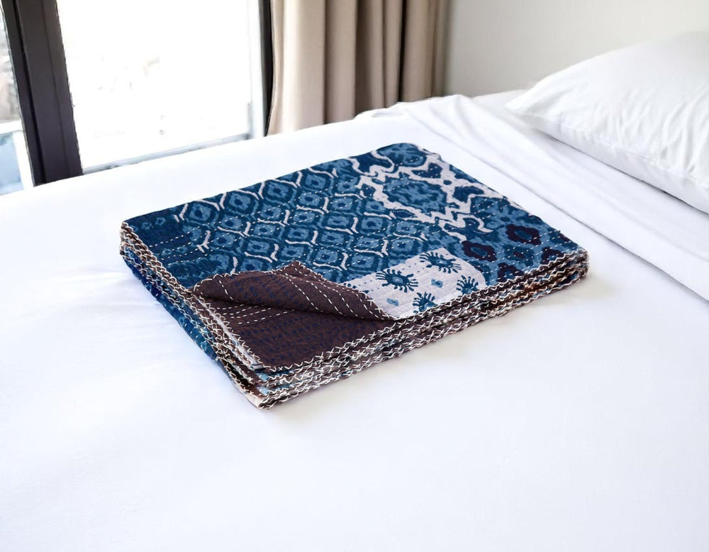 HomeRoots 50" Handcrafted Floral Kantha Throw Blanket - Blue & Pink Embroidery for Cozy Living Spaces Cotton - 50"x70" 544529