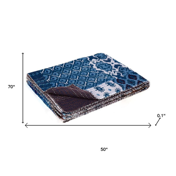 HomeRoots 50" Handcrafted Floral Kantha Throw Blanket - Blue & Pink Embroidery for Cozy Living Spaces Cotton - 50"x70" 544529