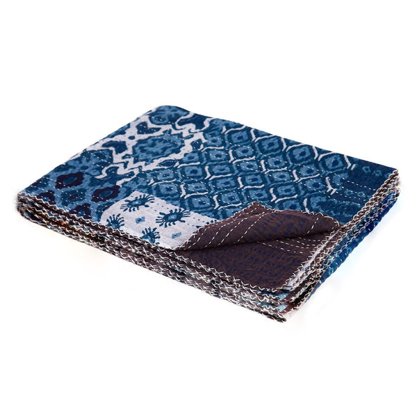 HomeRoots 50" Handcrafted Floral Kantha Throw Blanket - Blue & Pink Embroidery for Cozy Living Spaces Cotton - 50"x70" 544529