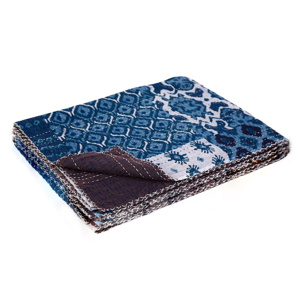 HomeRoots 50" Handcrafted Floral Kantha Throw Blanket - Blue & Pink Embroidery for Cozy Living Spaces Cotton - 50"x70" 544529