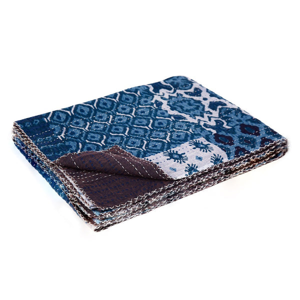 HomeRoots 50" Handcrafted Floral Kantha Throw Blanket - Blue & Pink Embroidery for Cozy Living Spaces Cotton - 50"x70" 544529
