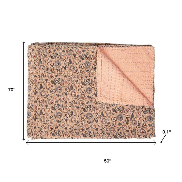 HomeRoots 50" Peach and Gray Floral Kantha Throw Blanket - Handmade Embroidered Elegance for Your Home Decor Cotton - 50"x70" 544530