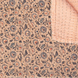 HomeRoots 50" Peach and Gray Floral Kantha Throw Blanket - Handmade Embroidered Elegance for Your Home Decor Cotton - 50"x70" 544530