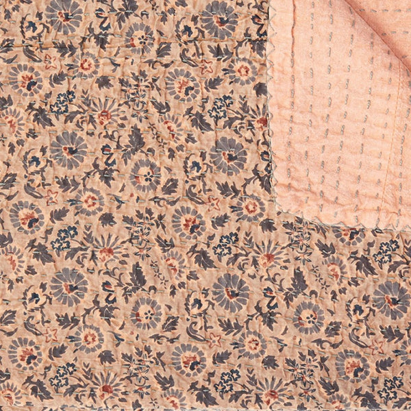 HomeRoots 50" Peach and Gray Floral Kantha Throw Blanket - Handmade Embroidered Elegance for Your Home Decor Cotton - 50"x70" 544530