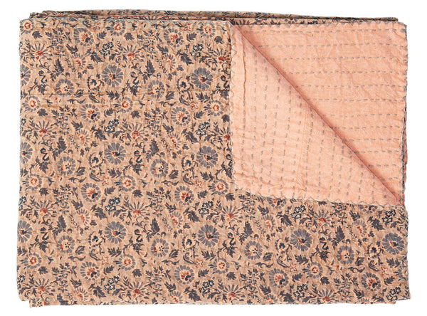 HomeRoots 50" Peach and Gray Floral Kantha Throw Blanket - Handmade Embroidered Elegance for Your Home Decor Cotton - 50"x70" 544530