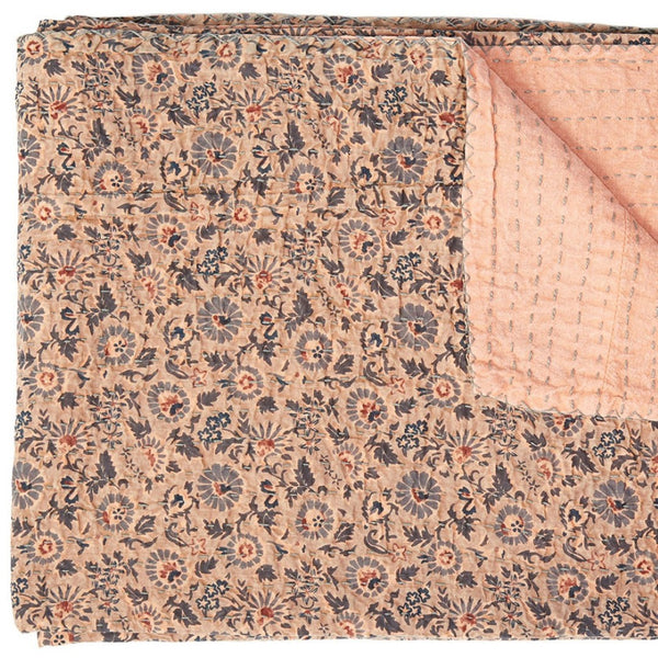 HomeRoots 50" Peach and Gray Floral Kantha Throw Blanket - Handmade Embroidered Elegance for Your Home Decor Cotton - 50"x70" 544530